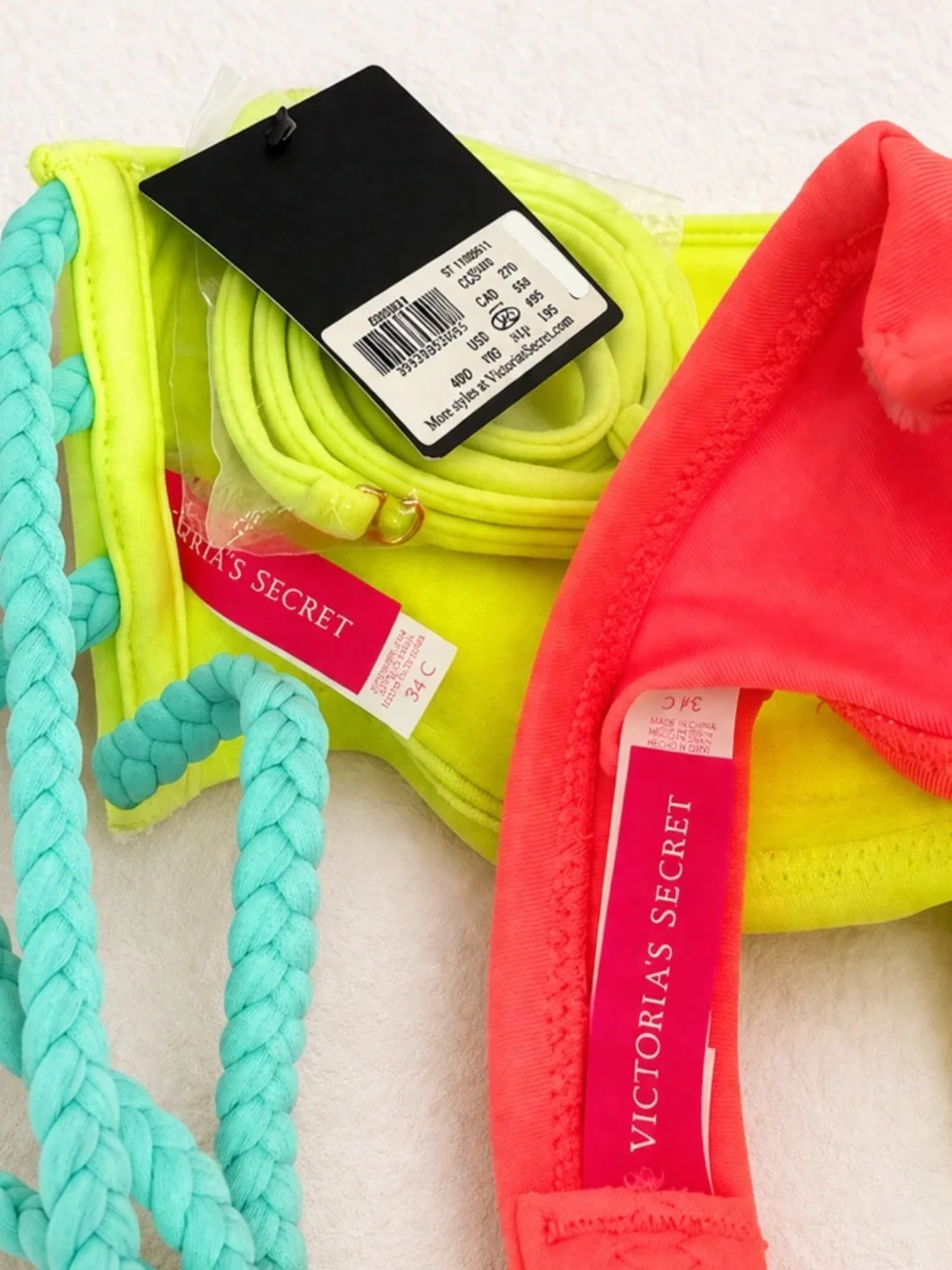 Bundle of 2 Strapless Bikini Tops – Neon Green & Coral Bandeau Styles
